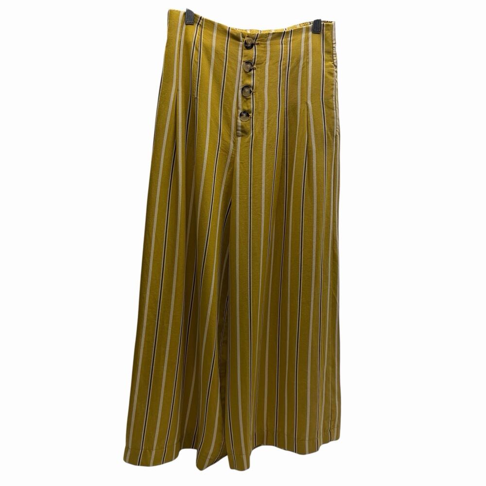 Zara TRF Striped Wide Leg Pants Mustard Yellow Stripe Button Front Women’s Small - Picture 2 of 13
